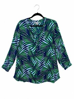 Old Navy The Tunic Blouse Top Royal Blue And Green Palm Leaf Print Tunic Sz L